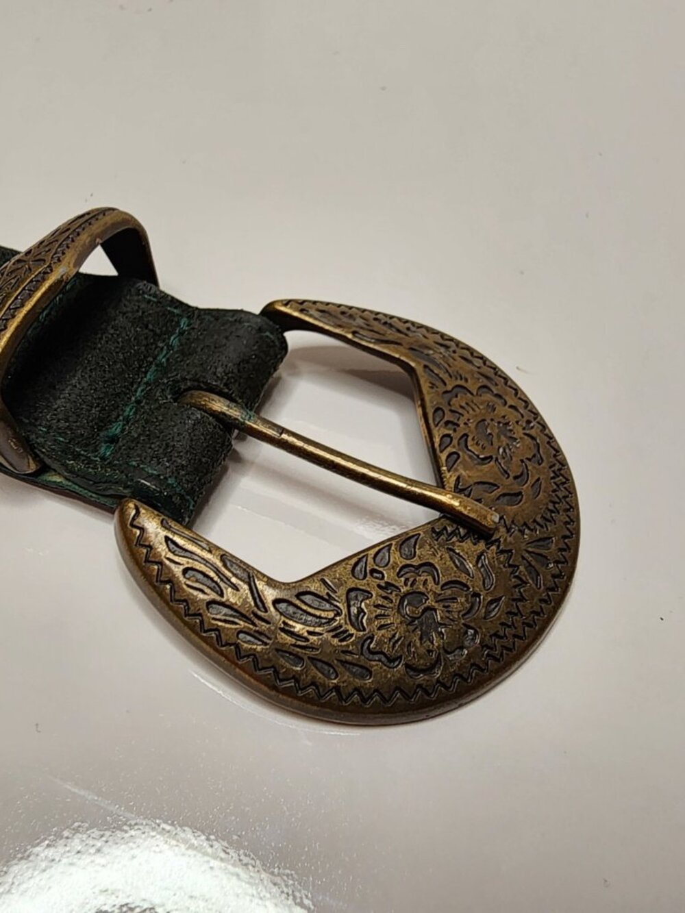 Tristan Suede Belt — Dark Green, Western Floral Buckle, Small (Made in USA)